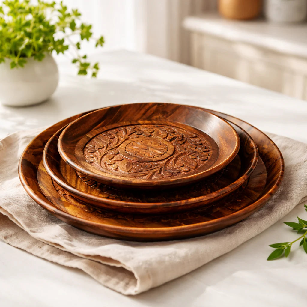 Elegant Wooden Plates Set of 3