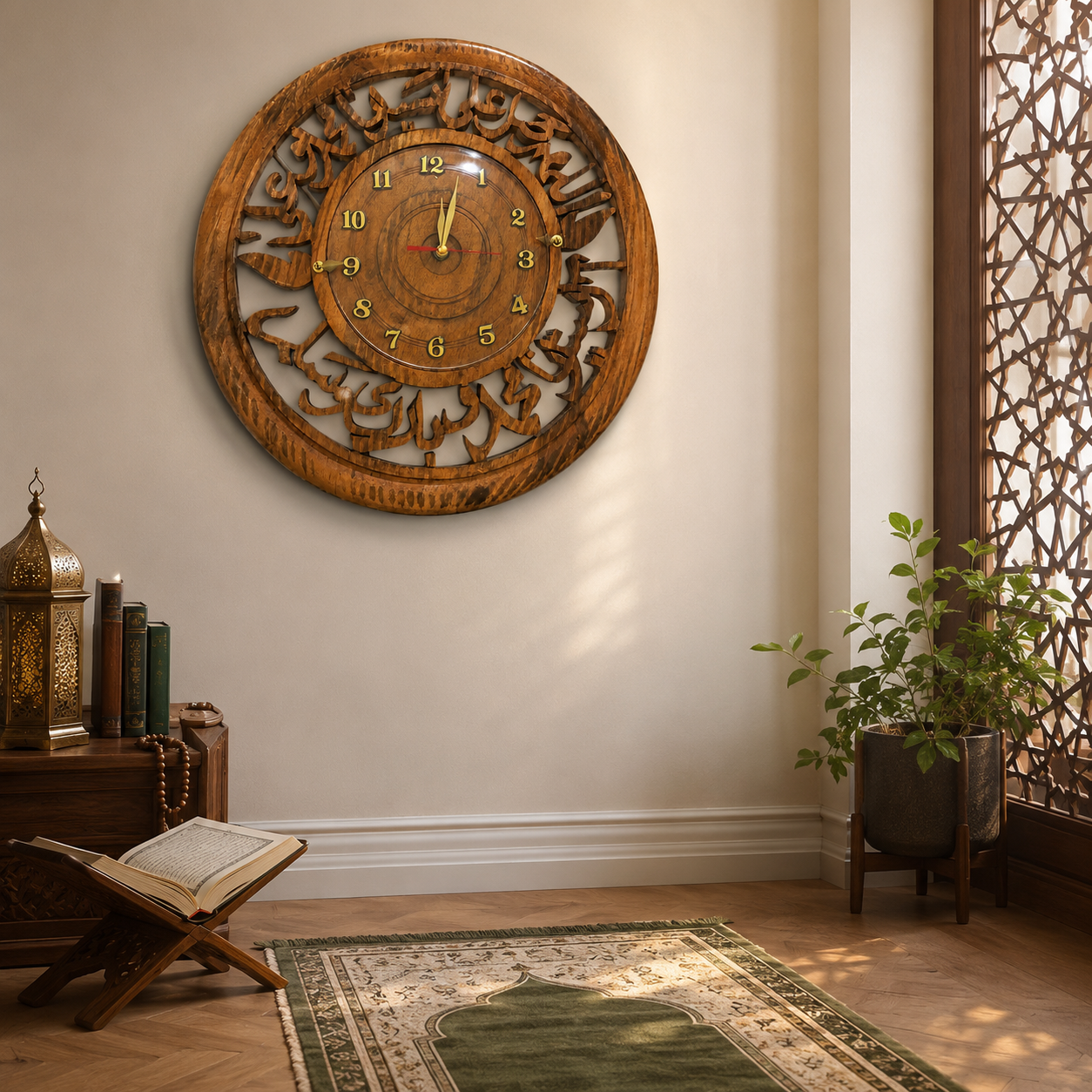 Handcrafted Islamic Calligraphy Wooden Wall Clock 14 Inch | Sheesham Wood